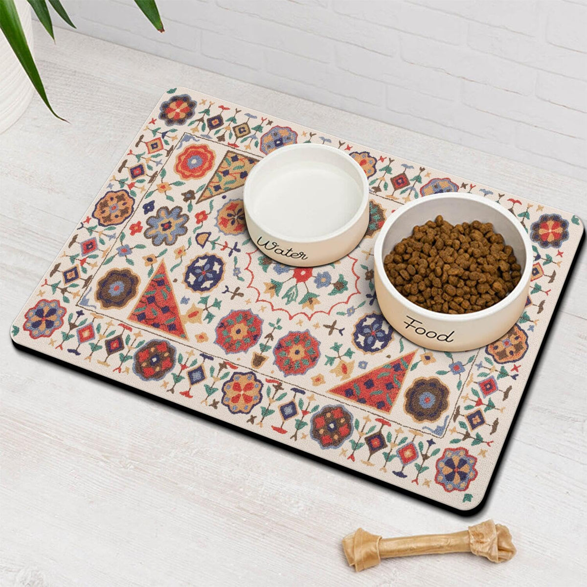 Moroccan Trellis Dog Food & Water Mat, Mexican Talavera Boho Colorful Pet Feeding Mat for Floor Non-Slip Waterproof, Super Absorbent Cat Bowl Mat, Easy to Clean Durable Pet Placemat,16" × 24"