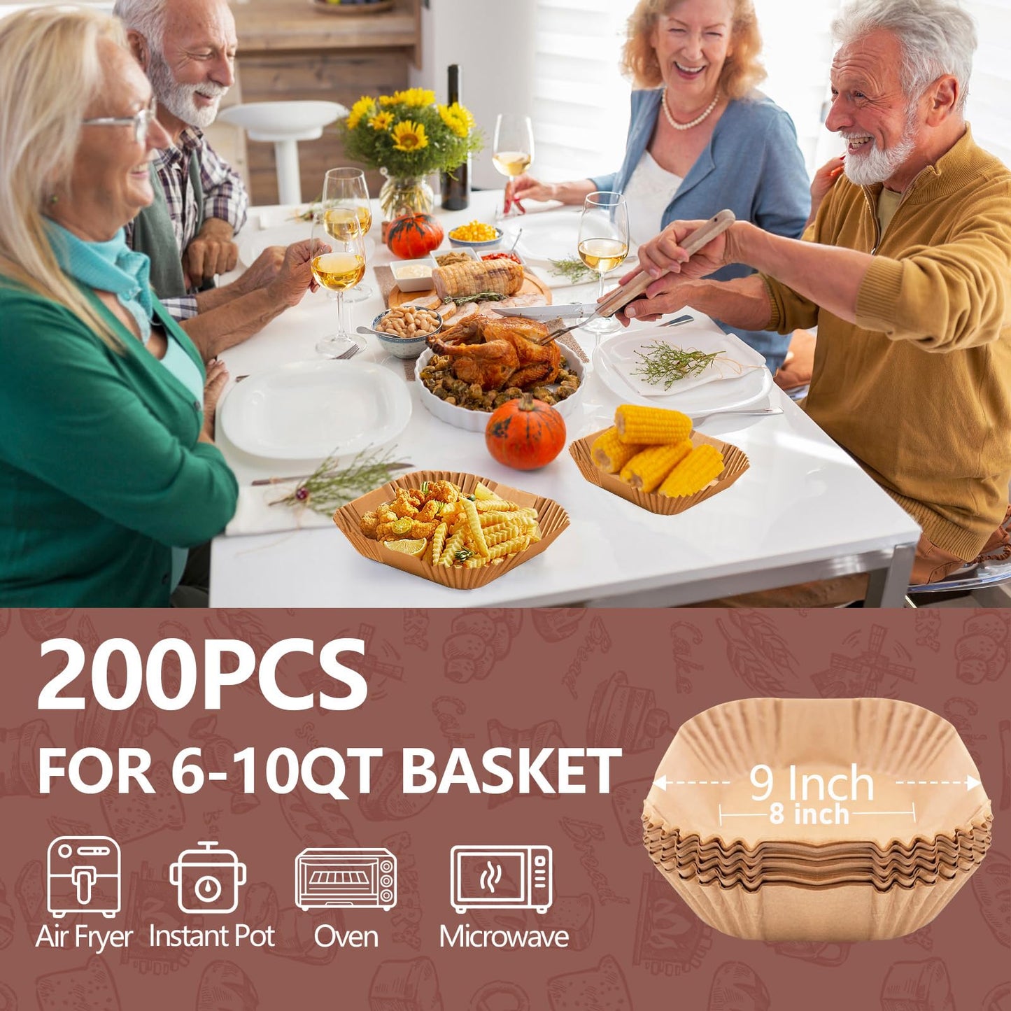 UBeesize 9-Inch Air Fryer Parchment Liners - 200 Pack, Square Non-Stick Disposable Paper Sheets for Microwave & Air Fryers, Unbleached Baking Sheets (8-Inch Base)