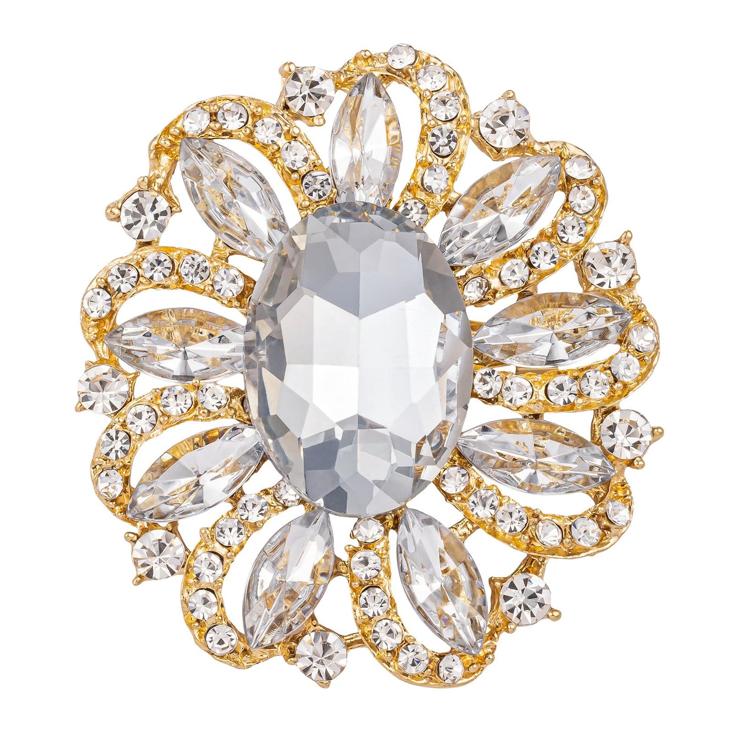 SELOVO Crystal Brooch with Oval Center Stone Sparkling Rhinestone Vintage Flower Design Wedding Bridal Pin Gold Tone