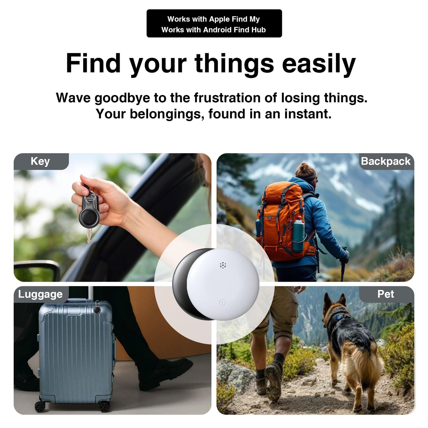 Bluetooth Tracker Works with Apple Find My & Android Find Hub – Key Finder for Keys & Pet Collar, No Monthly Fee, Loud Alarm, Replaceable Battery(2 Pack, Black)
