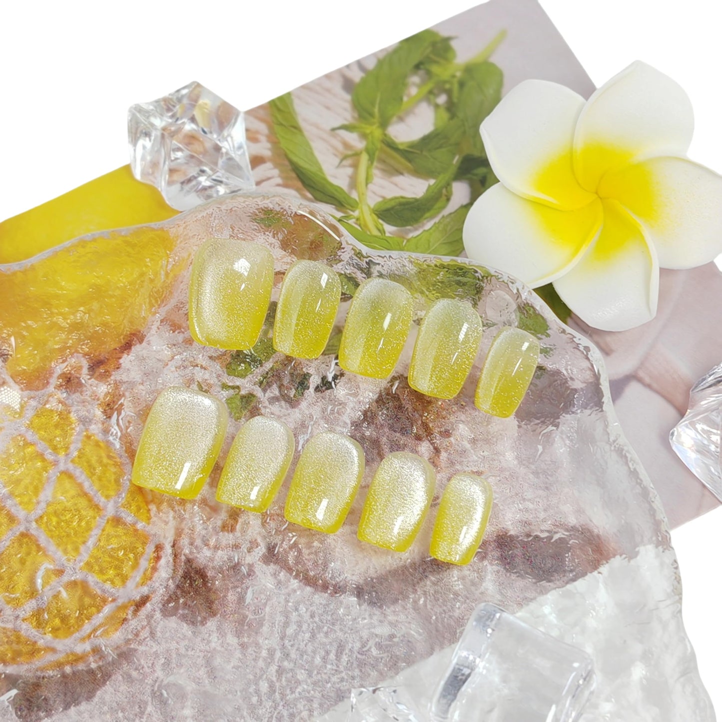 Short Square Press on Nails 3D Flower False Nails with Designs, Glitter Fake Nails Handmade Reusable Manicure Kit (Lemon#Large)