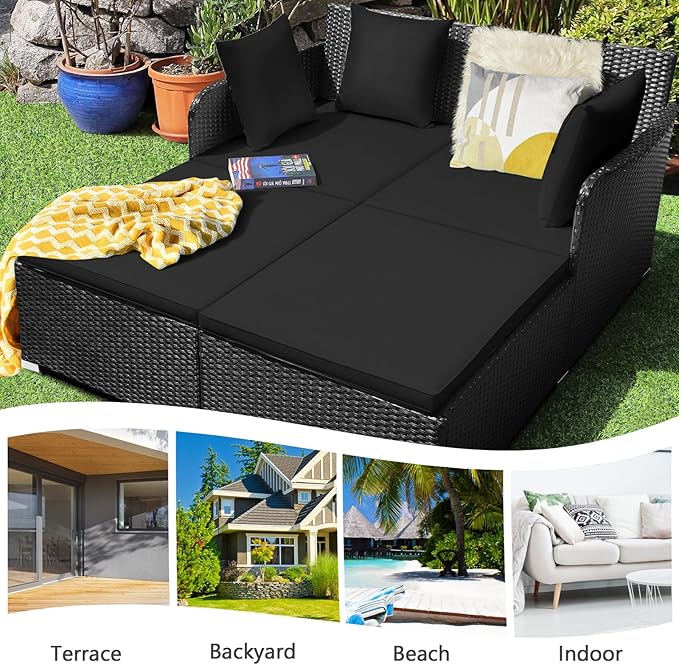 HAPPYGRILL Patio Rattan Daybed Outdoor Loveseat Sofa Set with Padded Cushion Pillows and Sturdy Aluminum Foot Wicker Patio Furniture for Garden Porch Poolside