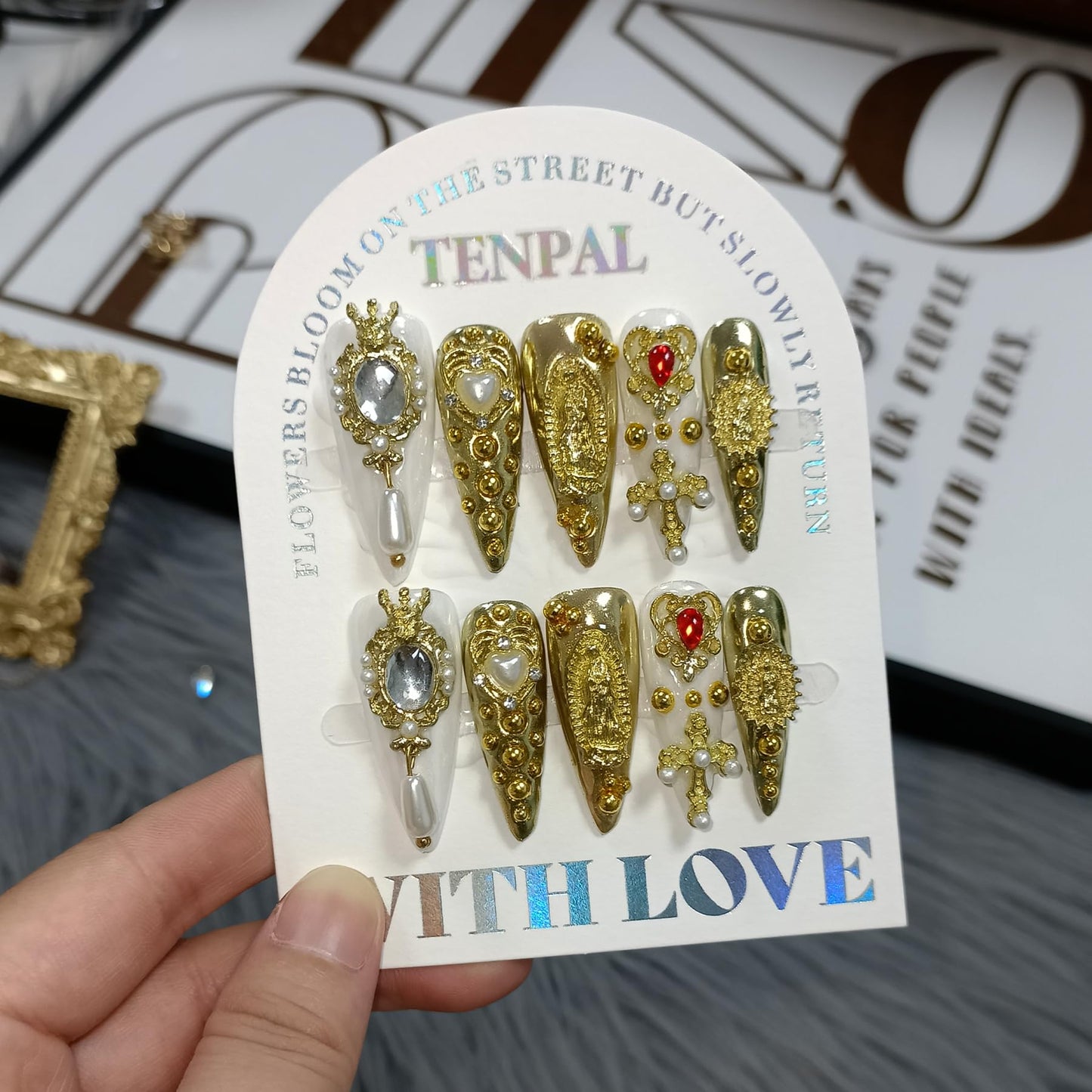 TENPAL 10Pcs Handmade Royal Press On Nails With Tools,Metallic Gold Long Stiletto Fake Nails with Pearl & Celestial Charms Designs,Sculpted 3D Baroque Acrylic Glue on Nails for Wedding Gothic Ball(L)