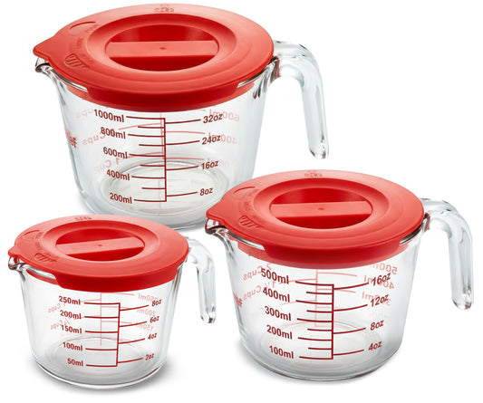 NutriChef 1,2 and 4 Cups Glass Measuring Cup Set with Lids (8, 17 and 34 oz) - Heat-Resistant Borosilicate Liquid Measure Cups with Easy-Read Scale for Cooking, Baking & Food Storage, Dishwasher Safe