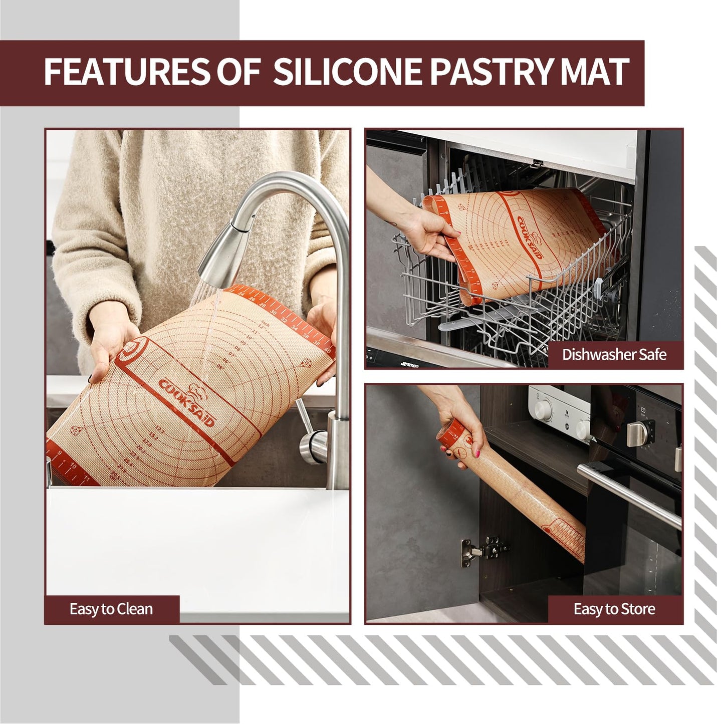 Cook's Aid Silicone Pastry Mat Extra Large with Measurements 26''x16'' for Reusable,Non-slip Silicone Baking Mat, Counter, Dough Rolling, Oven Liner,Fondant/Pie Crust, Red