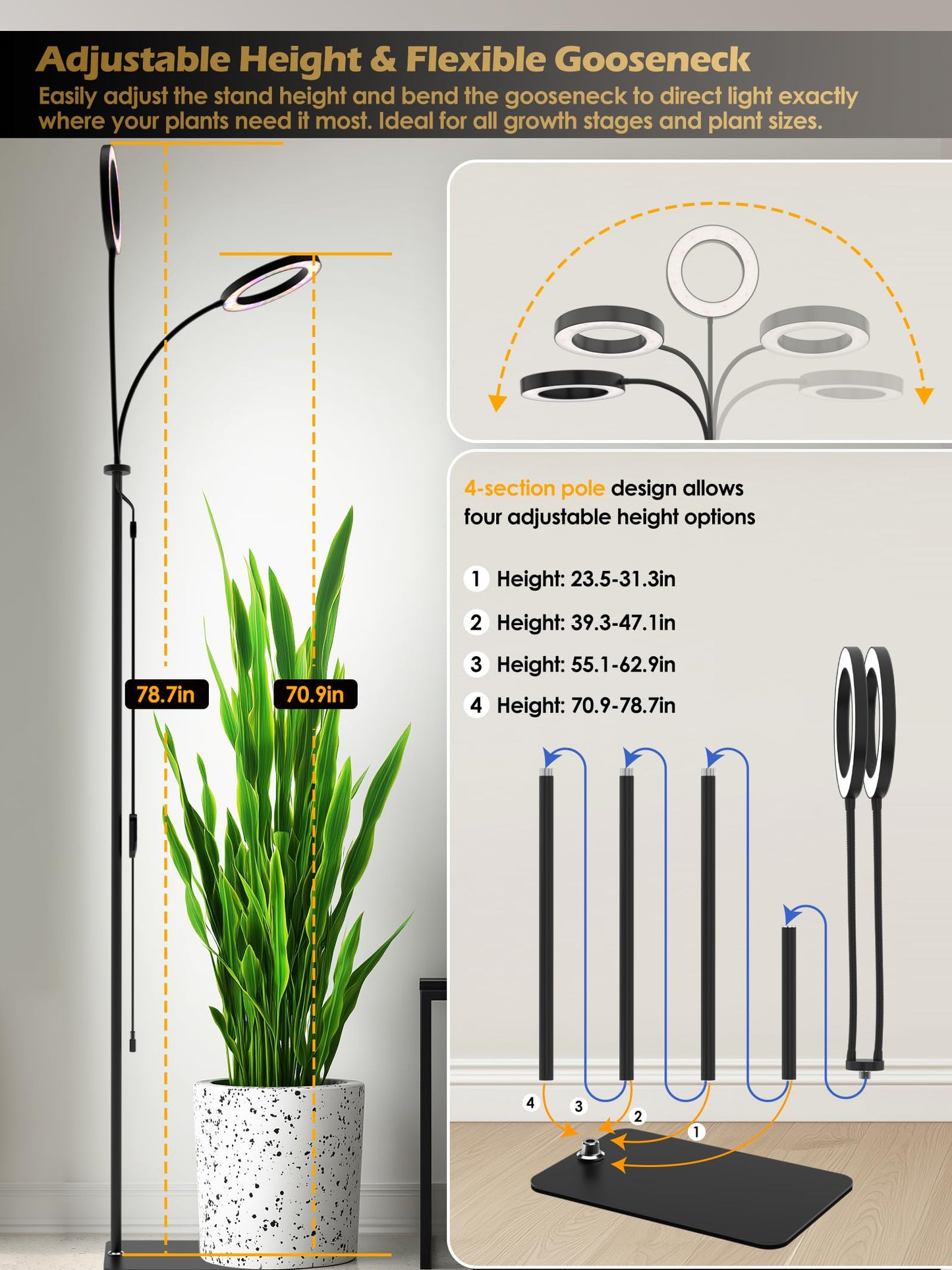 GLOWRIUM Grow Lights for Indoor Plants, Full Spectrum LED Grow Light, Stepless Dimming,3 Lighting Mode and Adjustable Height, Plant Light with 3/9/12/16H Timer (Black, Dual Heads)