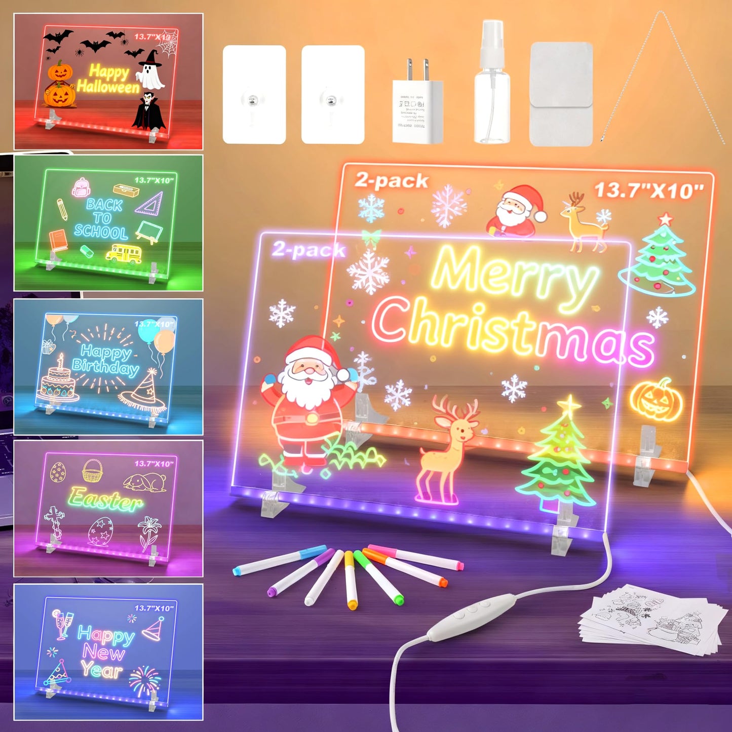 LED Note Board with 7 Colors 2-Pack,13.7"x10" Light Up Dry Erase Board for Kids with 4 Modes,Includes Adapter,Invisible Stand,7 Markers,Spray Bottle,Hanging Chain - Holiday & Christmas Gift,Acrylic