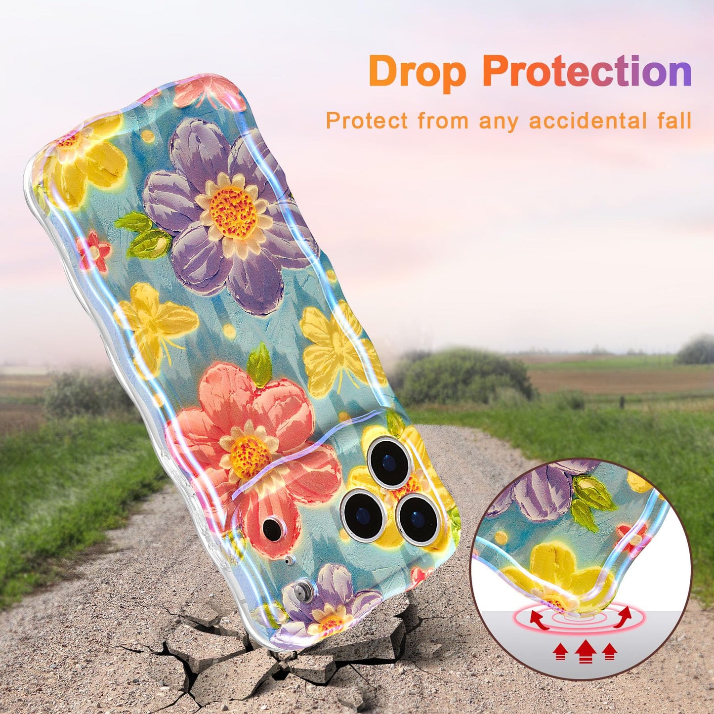 EYZUTAK Case for iPhone 17 Pro, Colorful Retro Oil Painting Flower Laser Glossy Pattern Cute Curly Wave Edge Exquisite Phone Cover Stylish Durable TPU Protective Case for Women - Butterfly Flower