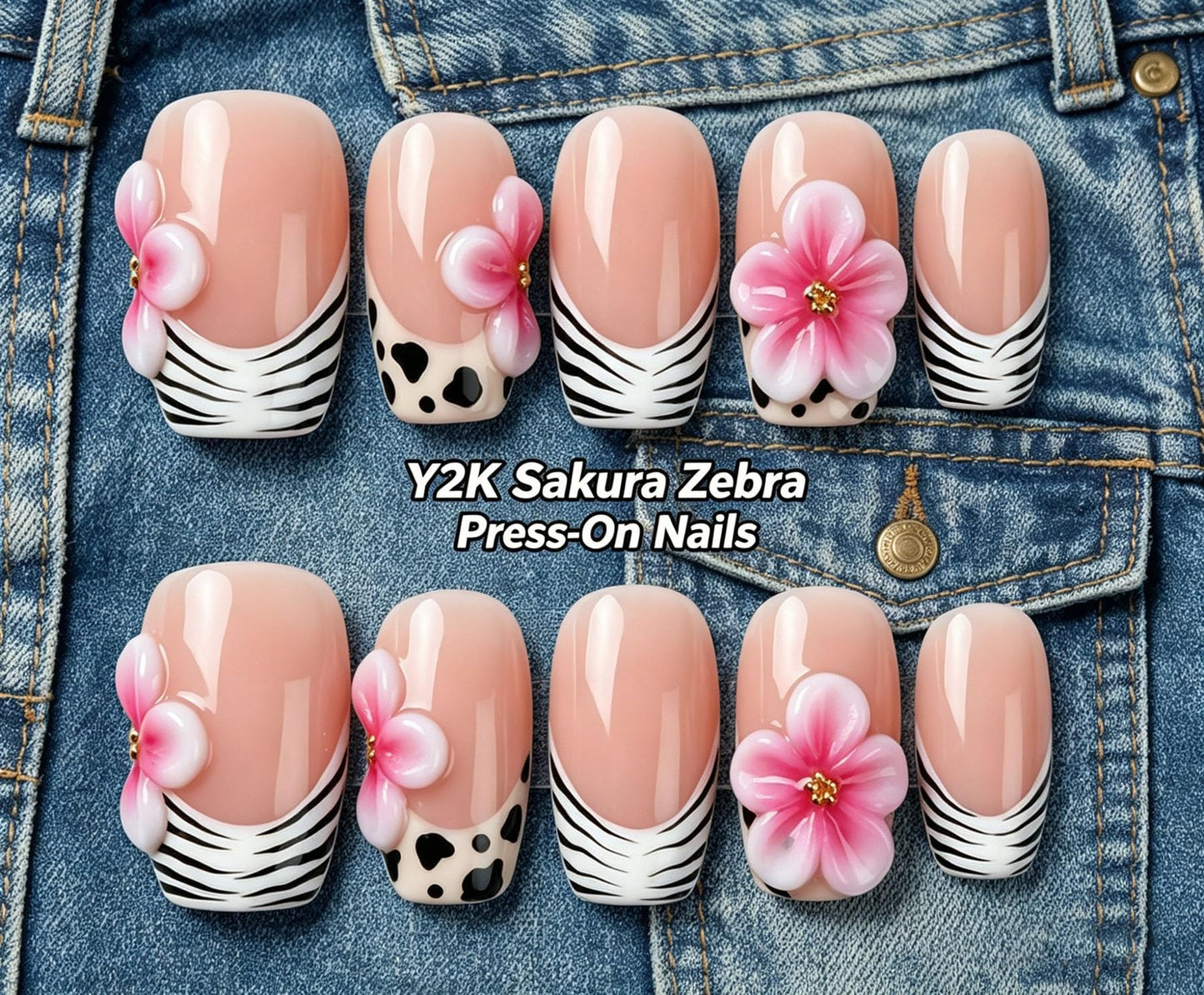 Short Square Press on Nails Handmade 3D Cute Glue on Nails for Women, Luxury Homemade Press on Nail Art Design, Fake Nails with 3D Nail Charms Size M 2