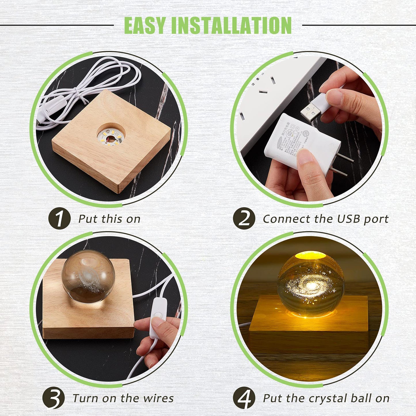 Honoson 4 Pcs LED Light Base - Wooden LED Base for Crystal Wood Light Display for Glass Art Lighted Stand for 3D Glass Resin Art(Square, Round)