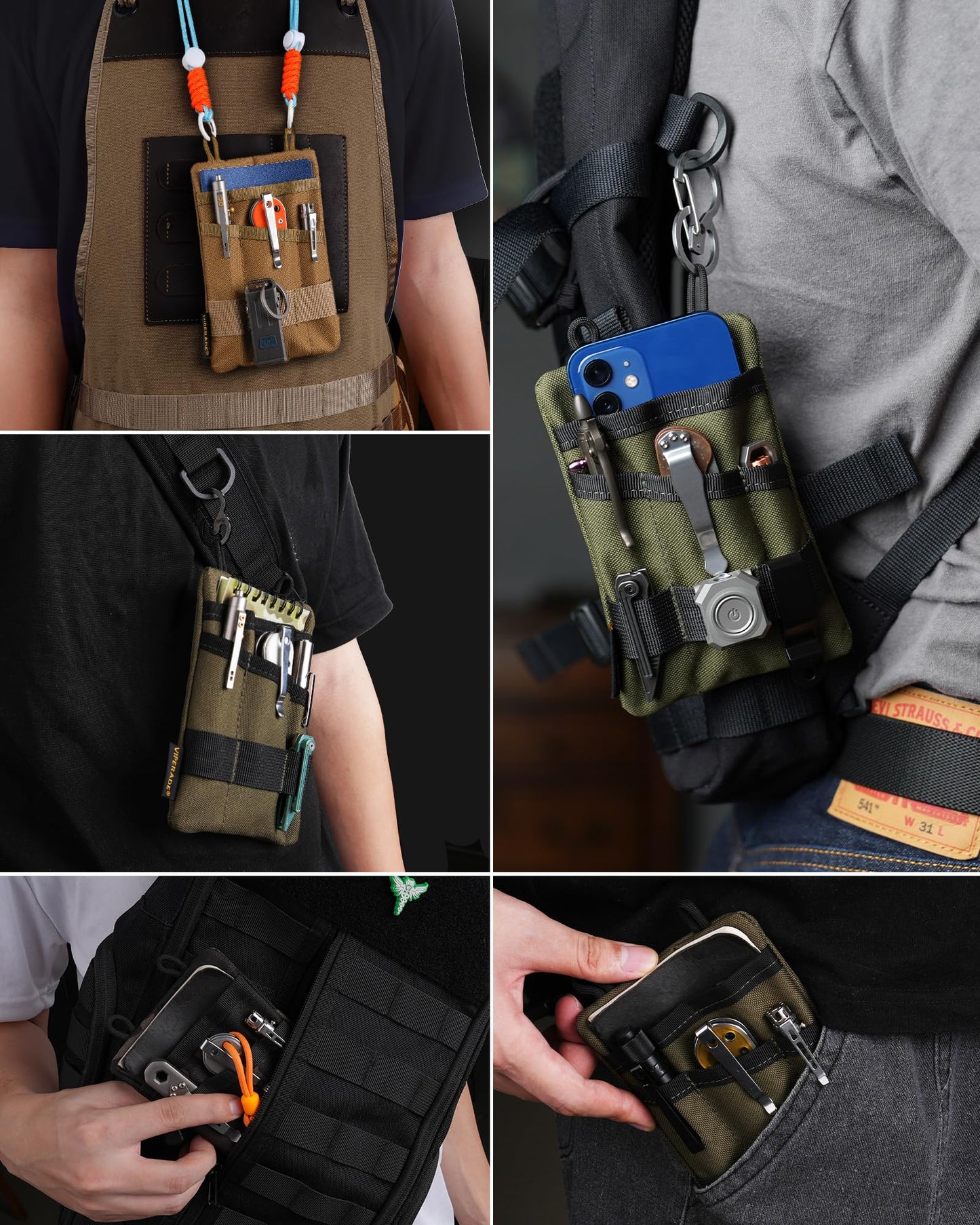 VIPERADE VE1 EDC Tool Pocket Organizer, Small EDC Pouch with 5 Pockets, Small Multitool Organizer Pouch Nylon Tool Sheath for Flashlight Multitools Pen Notebook