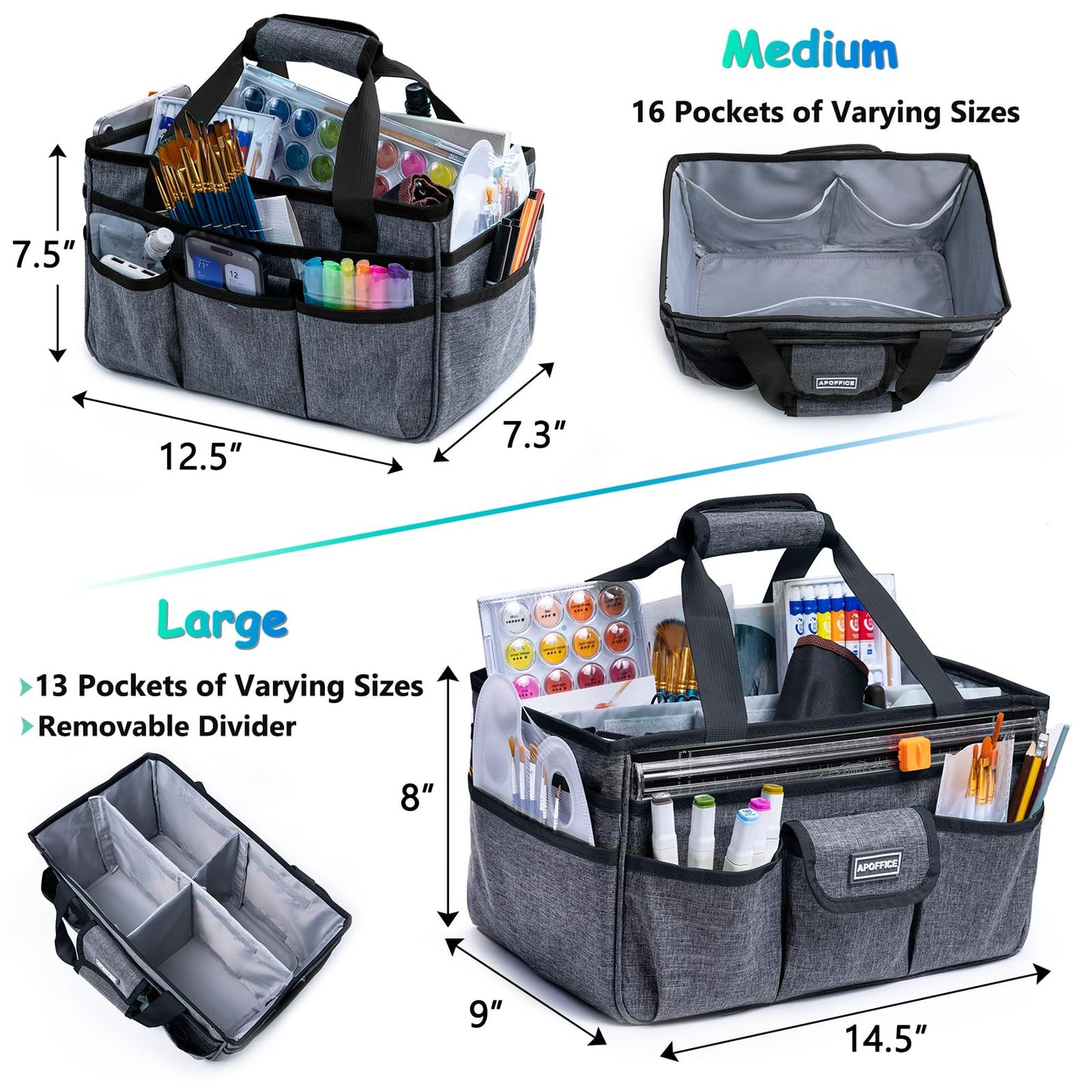 APOFFICE Art Supply Organizer Tote Bag – Craft Caddy with Handle, Utility Storage Tote with Multiple Pockets & Adjustable Divider for Sewing, Scrapbooking, School, Office, Medical Supplies