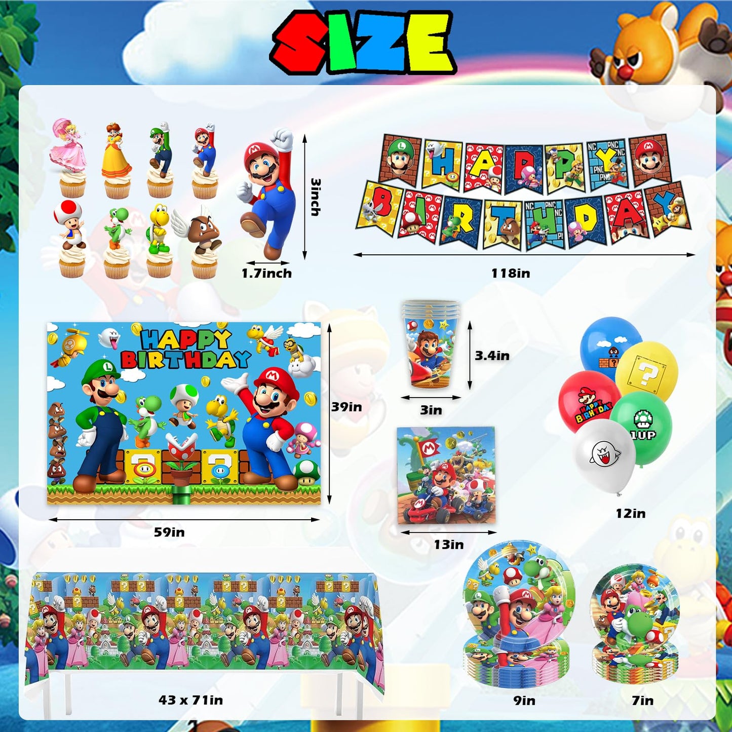 Birthday Party Supplies Ultimate Kit - 14-in-1 Decorations Set with Banner, Backdrop, Tablecloth, Balloons, Plates, Cutlery, Cake Toppers for Themed Parties