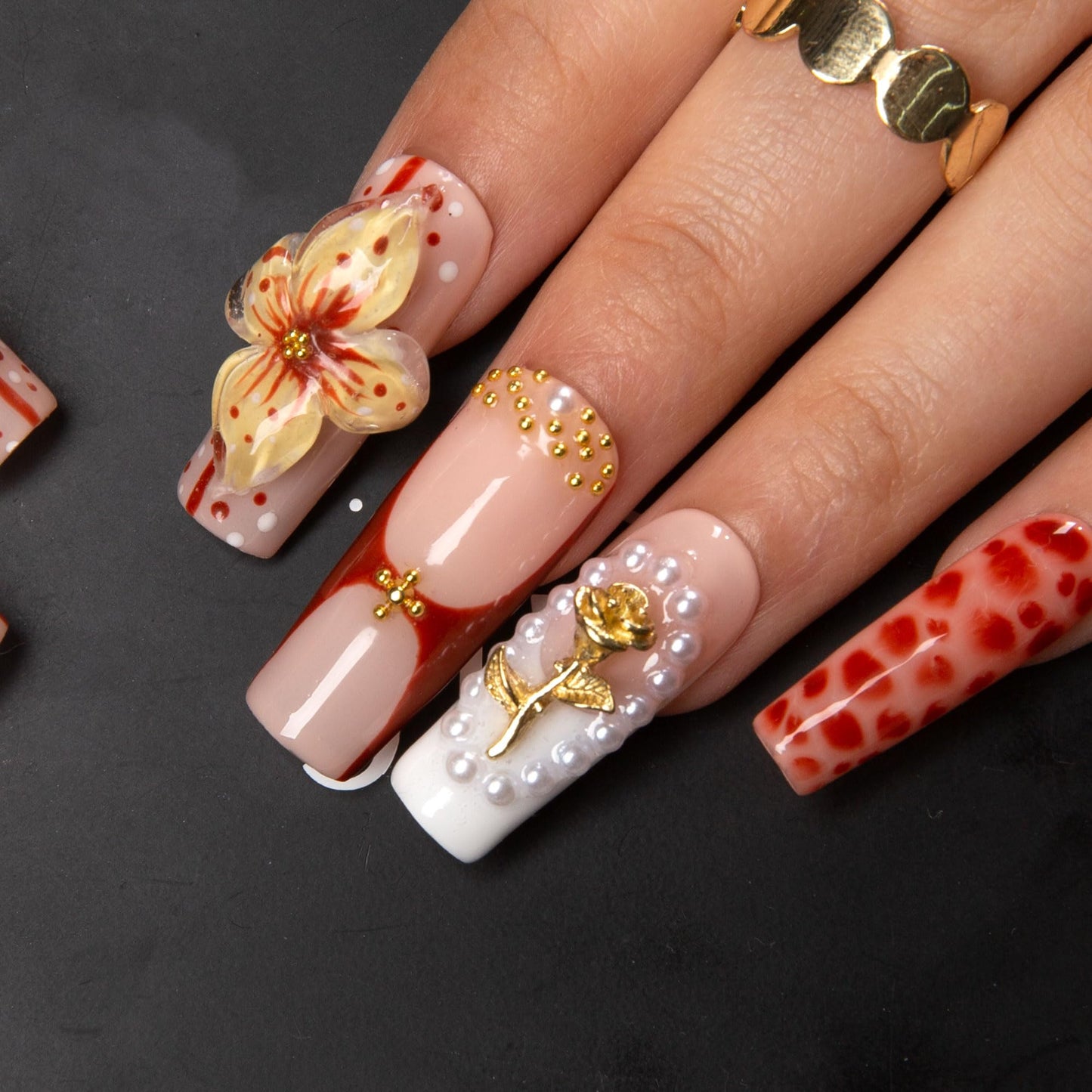 LOVFUL Press on Nails Vintage Boho Chic | Handmade with Full Covered Crystals | Reusable Full Cover Nails | Square Classic Regular 1.3 in | H365-M