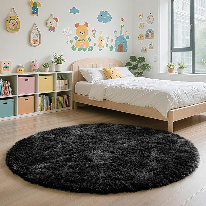 yulidayang Black Fluffy Round Area Rugs for Bedroom,5'X5'Shag Circle Area Rugs for Living Room,Non Slip Fuzzy Plush Rug for Kids Room Boys Girls Room and Dorm Home Decor Rug