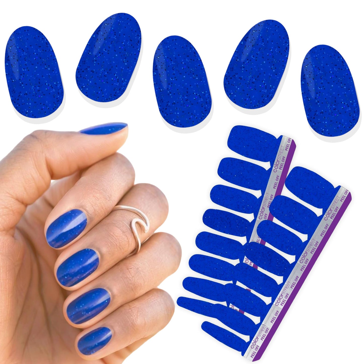Color Street Lagoon Nail Strips - Navy Blue Glitter, 16 Double-Ended Polish Strips, Easy Application, No Drying Time, Long-Lasting, Ideal for Sparkling Nails at Home or On-the-Go, Mess-Free.