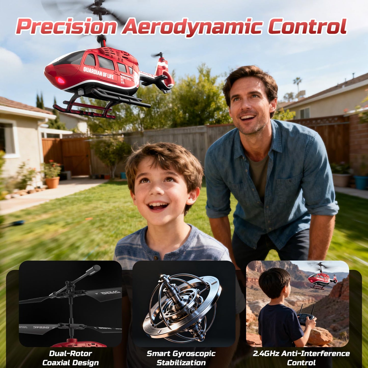 DEERC Remote Control Helicopter, Rescue RC Helicopter Toy with LED Lights, 2 Batteries, Altitude Hold & 2.4GHz Stable Control, Realistic Rescue Design, Ideal Gift for Kids and Adults