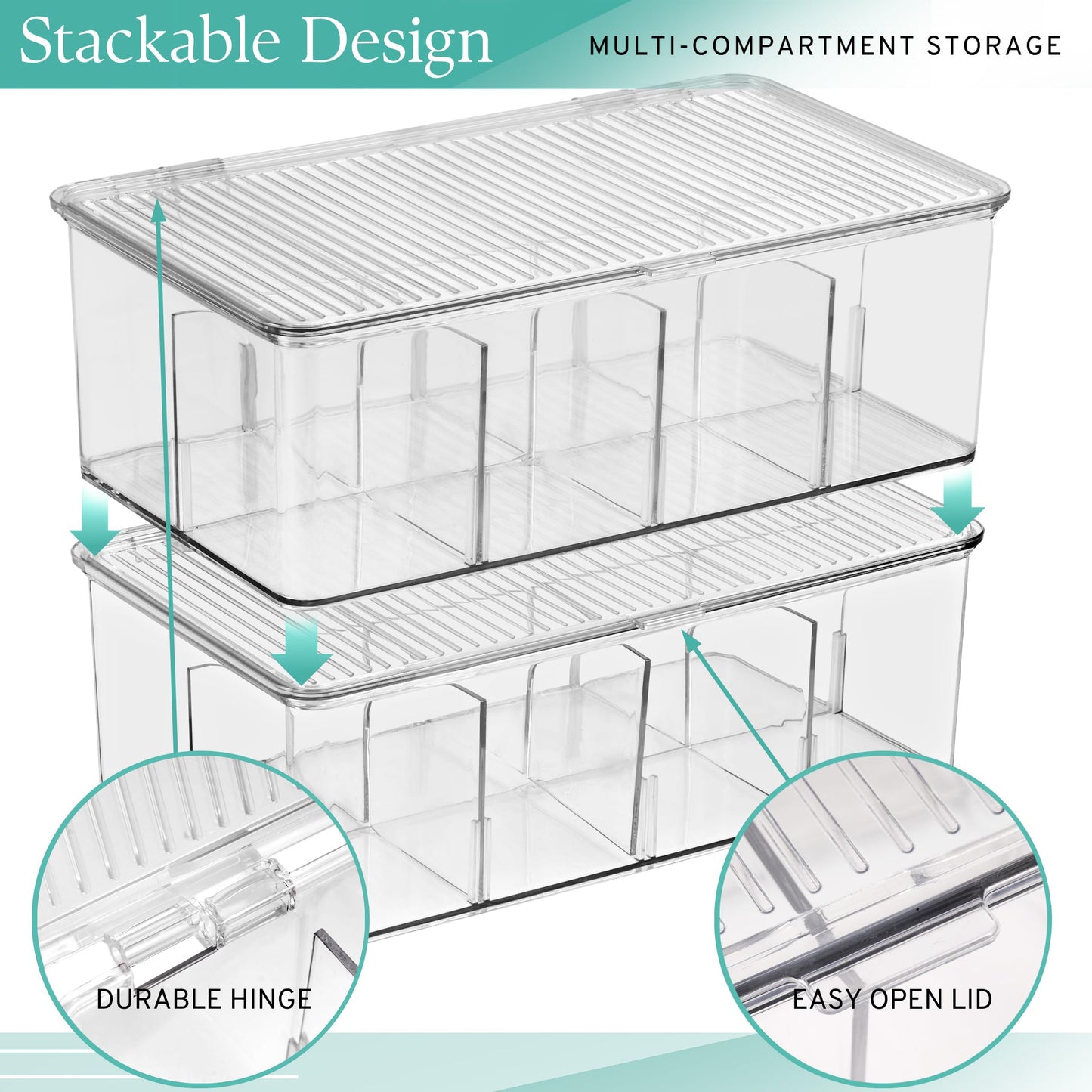 Sorbus 2 Pack Tea Bag Organizer Bins w/Lids & 4 Removable Dividers, Clear Plastic Food Packet Snack Organizer, Stackable Pantry Organization, Kitchen Storage, Fridge Bins, Sturdy Cabinet Organizers