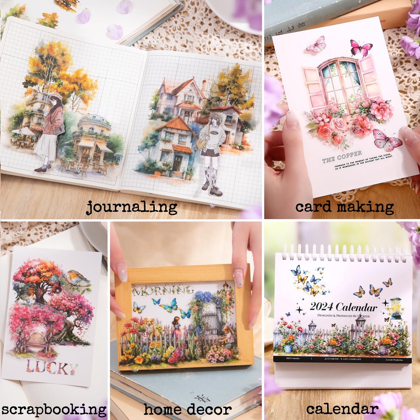 Knaid Scenery Sticker Set (490+ Pieces, 80 Sheets) 4 Pack Sticker Books Blooming Windows, Garden Houses, Enchanted Forest, Garden Fences Journaling Stickers for Scrapbook Bullet Junk Journals Planner