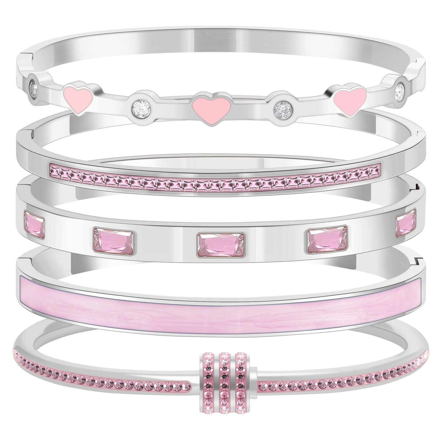 Camhanno 5-Piece Stackable Silver Bangle Bracelet Set for Women - Stainless Steel with Pink Crystal Friendship & Love Heart Bracelet Jewelry Gift for Her (Silver+Pink)