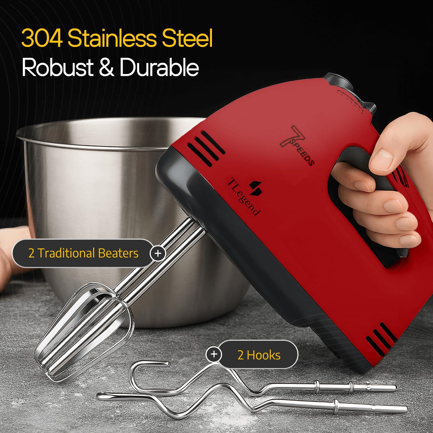 TechnoLegend Hand Mixer Electric Handheld – 7 Speed Ultra Power Electric Mixer Handheld (Red)