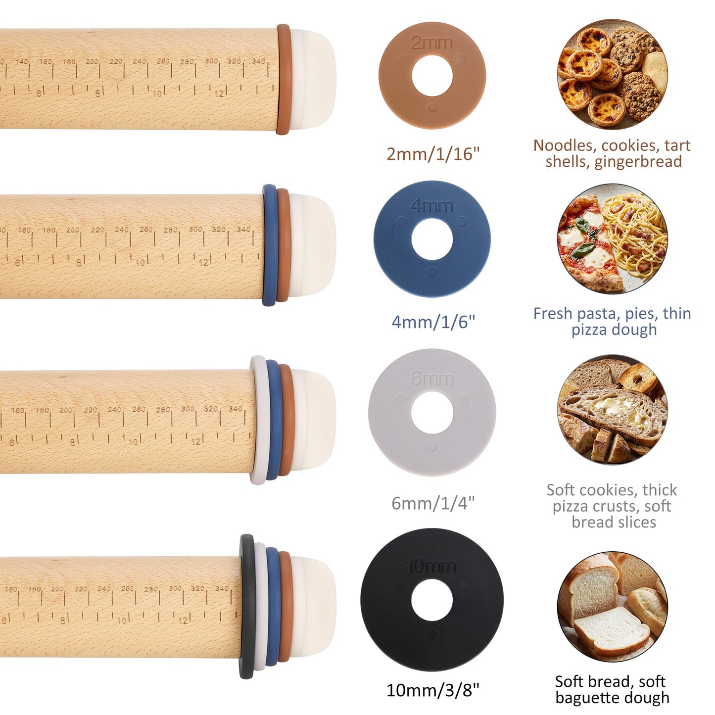 Oiforce Rolling Pin with Adjustable Thickness Rings, Wooden Rolling Pin for Baking, 13.6" Precise Dough Roller for Baking Fondant, Pizza, Pie, Pastry, Pasta, Cookies and More