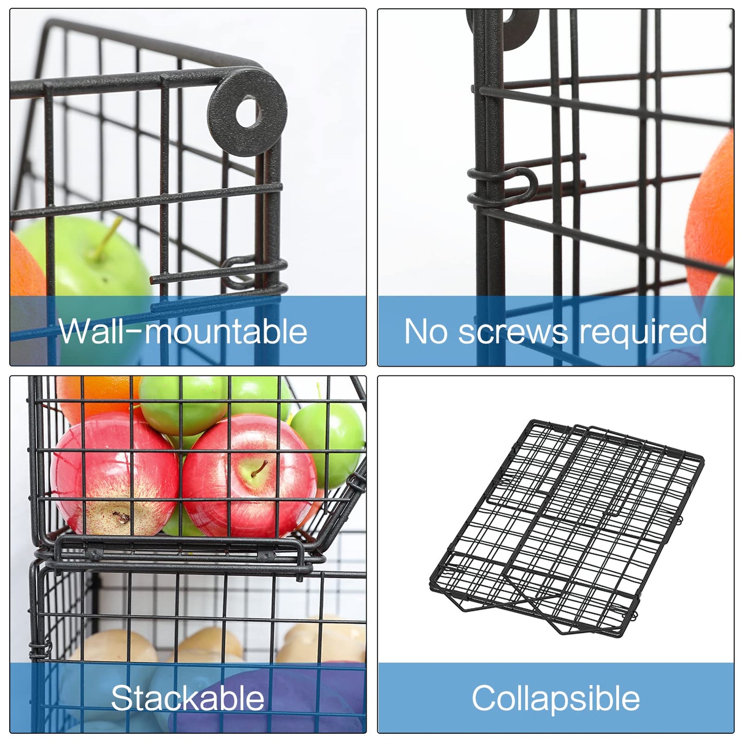 X-cosrack Stackable Wire Baskets for Counter, Fruit and Vegetable Storage, Potato and Onion Storage Bin，Kitchen Pantry Organizer - Wall Basket for Produce/Snack/Can, 3-tier Large, Black