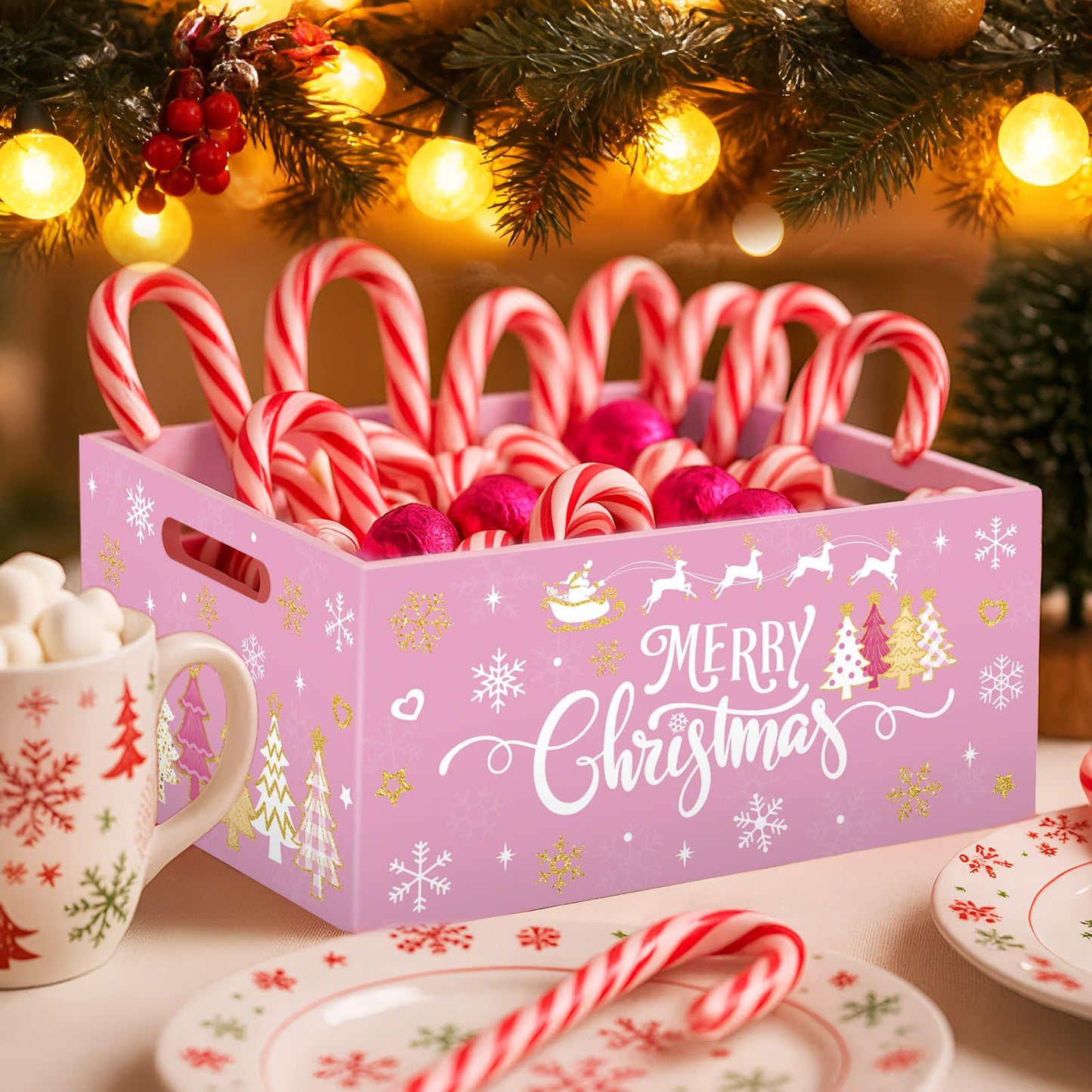 Soaoo Christmas Wooden Crate 11.4 x 8.3 x 5.4 Inch Merry Christmas Storage Box with Handles Decorative Rustic Farmhouse Wood Basket for Xmas Hot Cocoa Bar Candy Pet Table Decor(Pink)