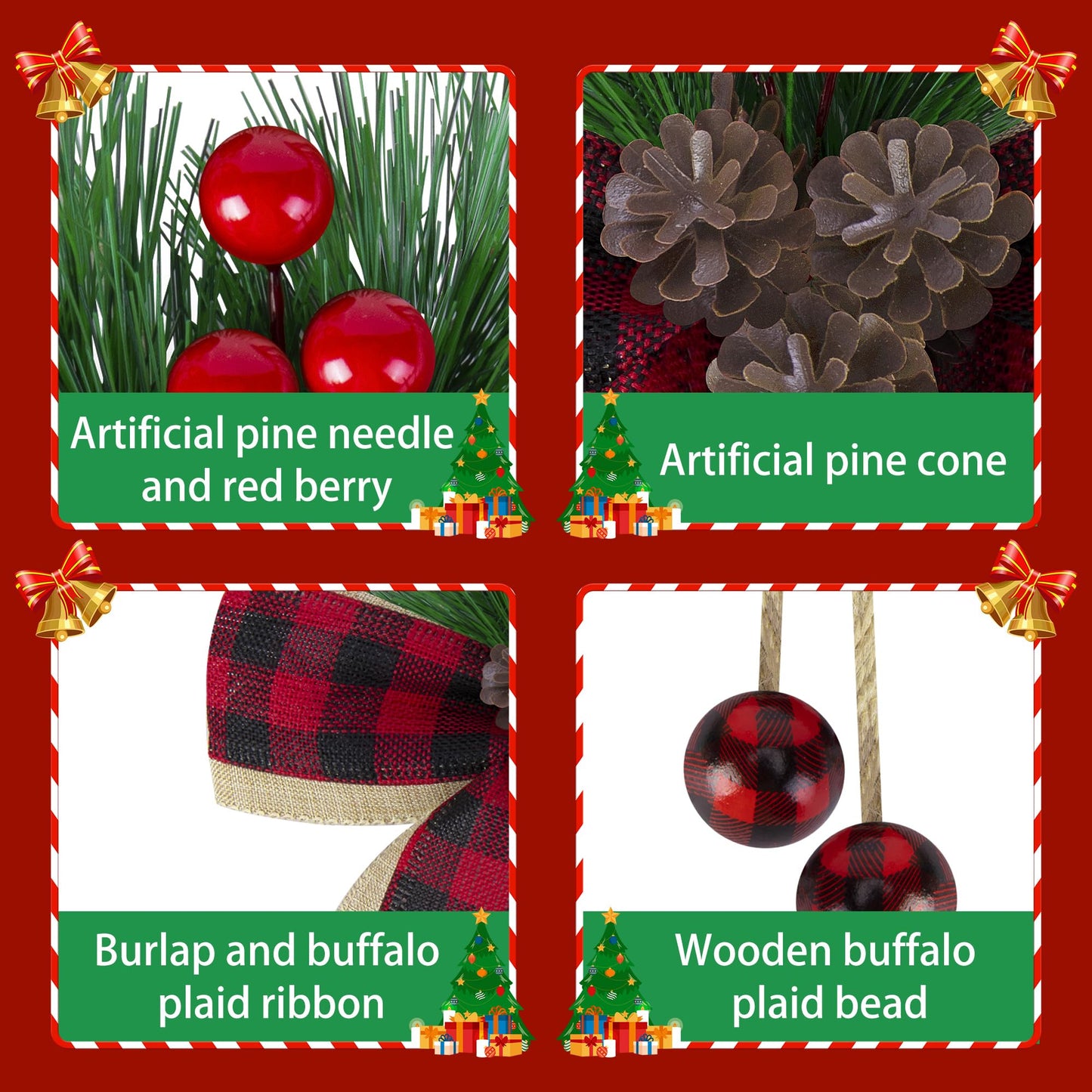 codree 4 Pcs Christmas Burlap Plaid Bows with Pine Cones Pine Needles, Large Christmas Decoration Buffalo Plaid Bows, Xmas Wreath Bow Buffalo Check Bow Ornament for Holiday Crafts Tree DIY Decor