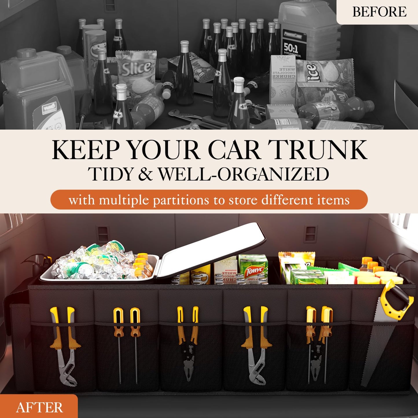 HOTOR Trunk Organizer, Sturdy Foldable with Cooler for Car & SUV, 3 Compartments, Black, 30.90”×12.60”×10.63”