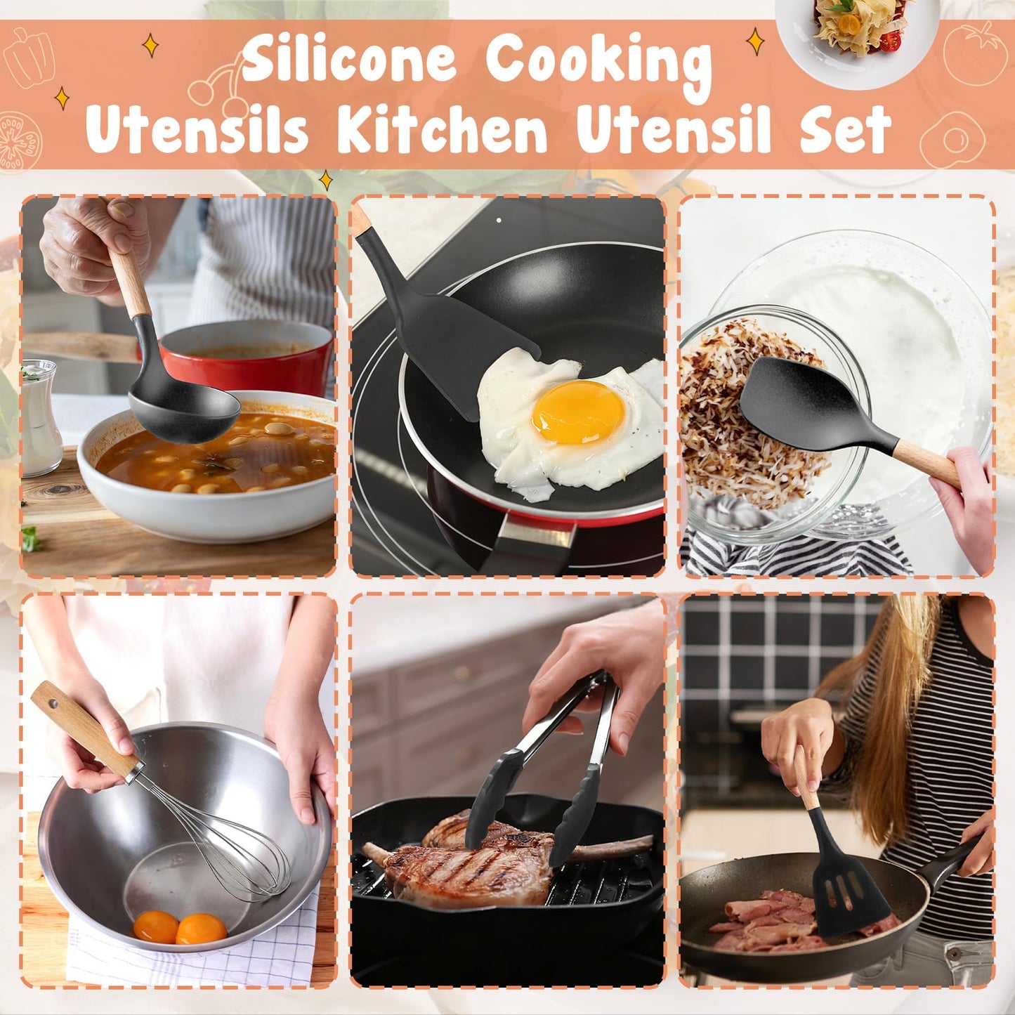 Hillsuren 37 Pcs Oven Mitts and Pot Holders with Silicone Kitchen Utensils Set Silicone Cooking Utensils Set with Holder, Kitchen Towels, Heat Resistant Gloves for Christmas Baking Cooking(Dark Gray)