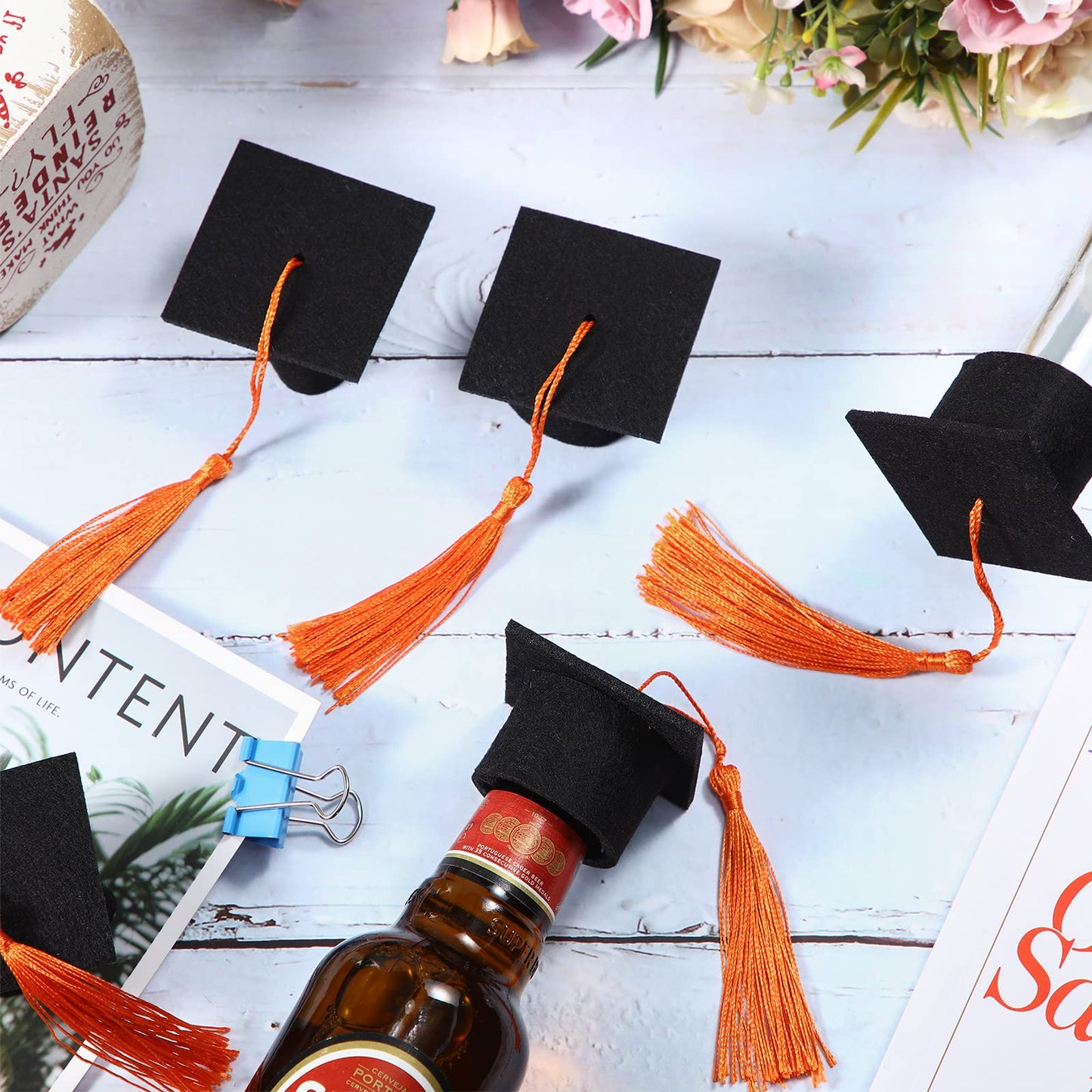 36 Pieces 2026 Mini Graduation Caps with Tassels Graduation Wine Bottle Toppers(Black Cap with Orange Tassel)