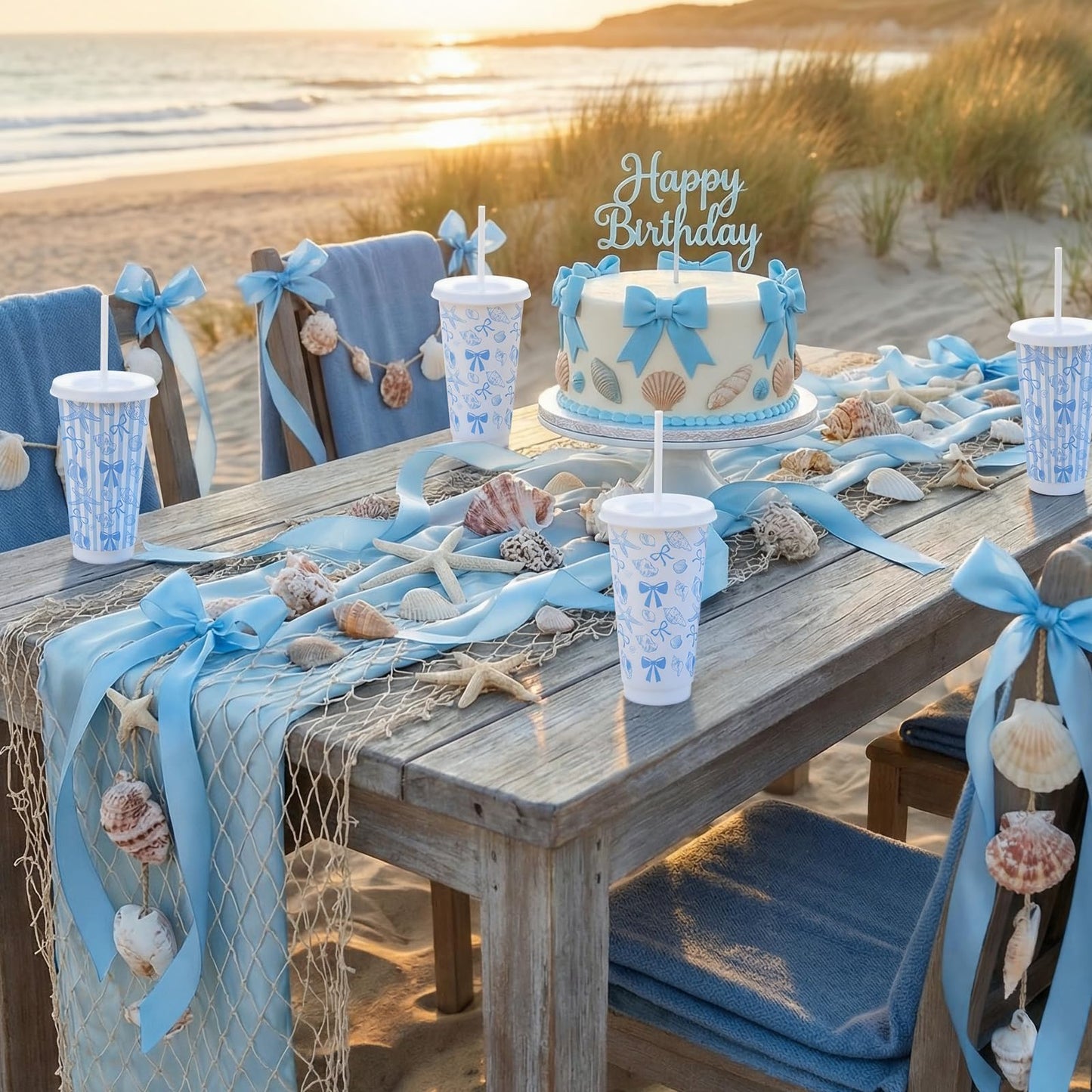 Pickmesh 12 Pcs 24 oz Coastal Blue Bow Plastic Cups with Lids and Straws Bulk Coastal Ocean Party Decoration Supply Blue Shell Reusable Tumbler for Birthday Wedding Baby Shower Party