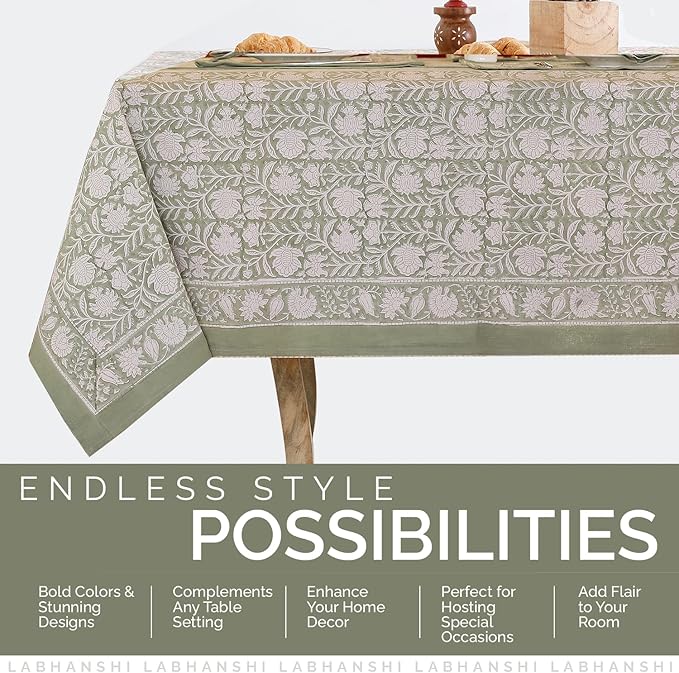 Labhanshi Indian Block Print Pre-Washed Cotton Floral 72x108 Inch Rectangle 8-Seater Table Cloth|Kitchen Dining Table Top Cover|Boho Rustic St. Patrick Spring Easter Table Cloth|Sage Green