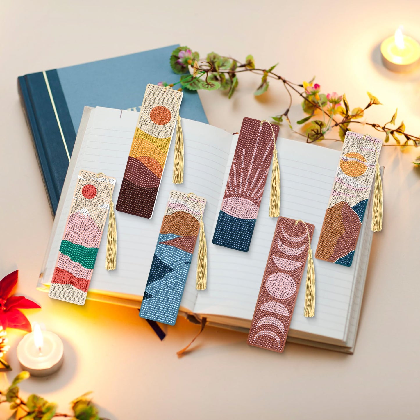 Boho Diamond Art Bookmarks Kit - DIY Diamond Painting Bookmarks with Sun and Moon Mountain Painting Kits for Making Beginner Kids Adults