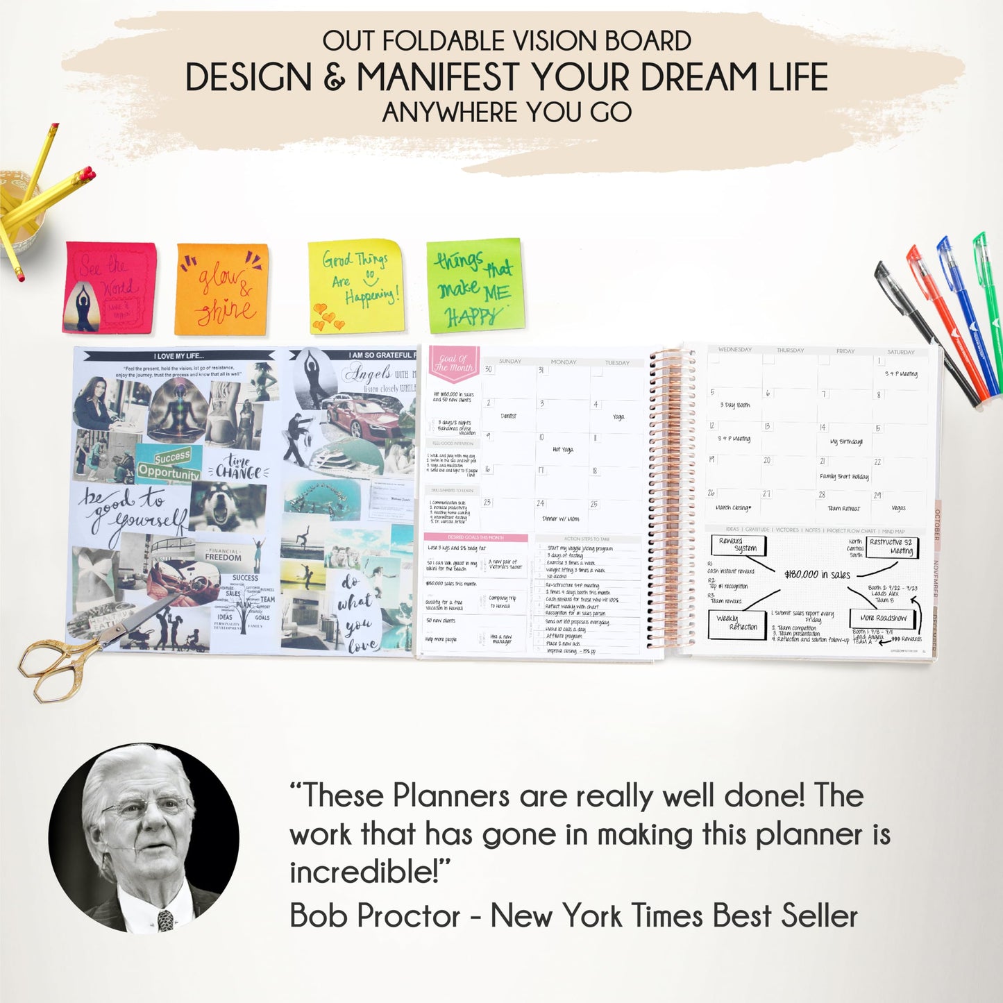 Manifestation Journal – Hourly, Weekly & Monthly Planner | 12-Month to Increase Productivity, Life Organizer & Goal Planner | Spiral Journal, Habit Tracker, Foldable Vision Board, Gift Box & Stickers