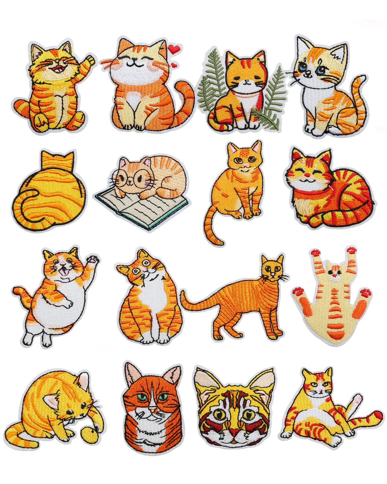 16pcs Cute Cat Patches Kitten Embroidered Iron on Patches for Clothes, Orange Animal Fabric Repair Patches for Jean Hat Jacket Backpack Shoe Backpack Decorative Applique