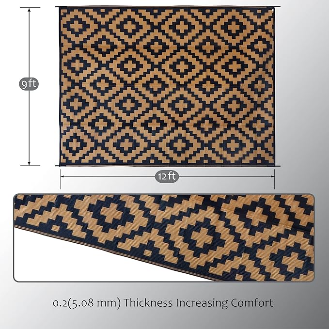 SAND MINE Reversible Mats, Plastic Straw Rug, Modern Area Rug, Large Floor Mat and Rug for Outdoors, RV, Patio, Backyard, Deck, Picnic, Beach, Trailer, Camping, Black & Brown, 9' x 12'