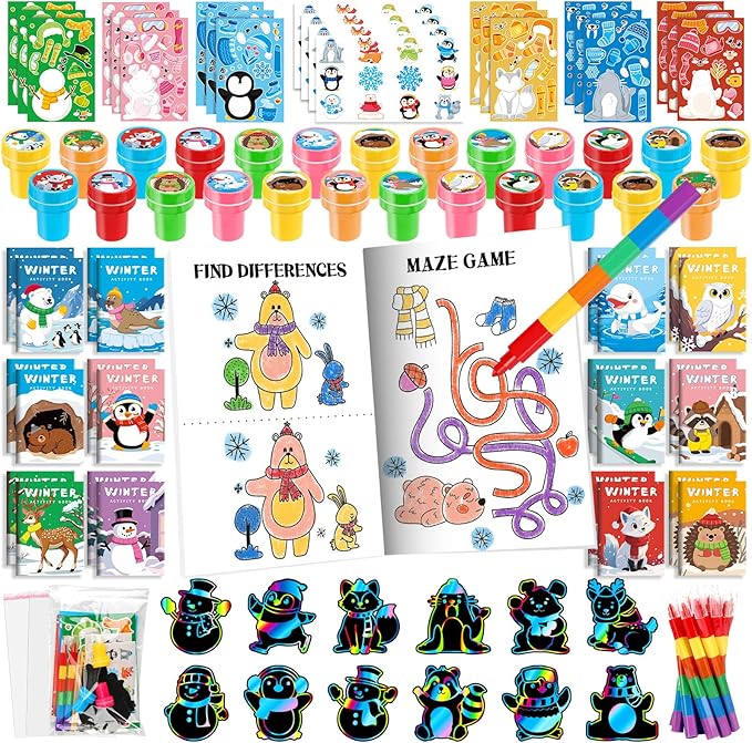 BenLouis Winter Party Favors Set Holiday Themed Coloring Book Classroom Gift Prizes Bulk for Students Kids Christmas Frozen Birthday Goodie Bag Stuffers Pinata Filler (48Set Animals)