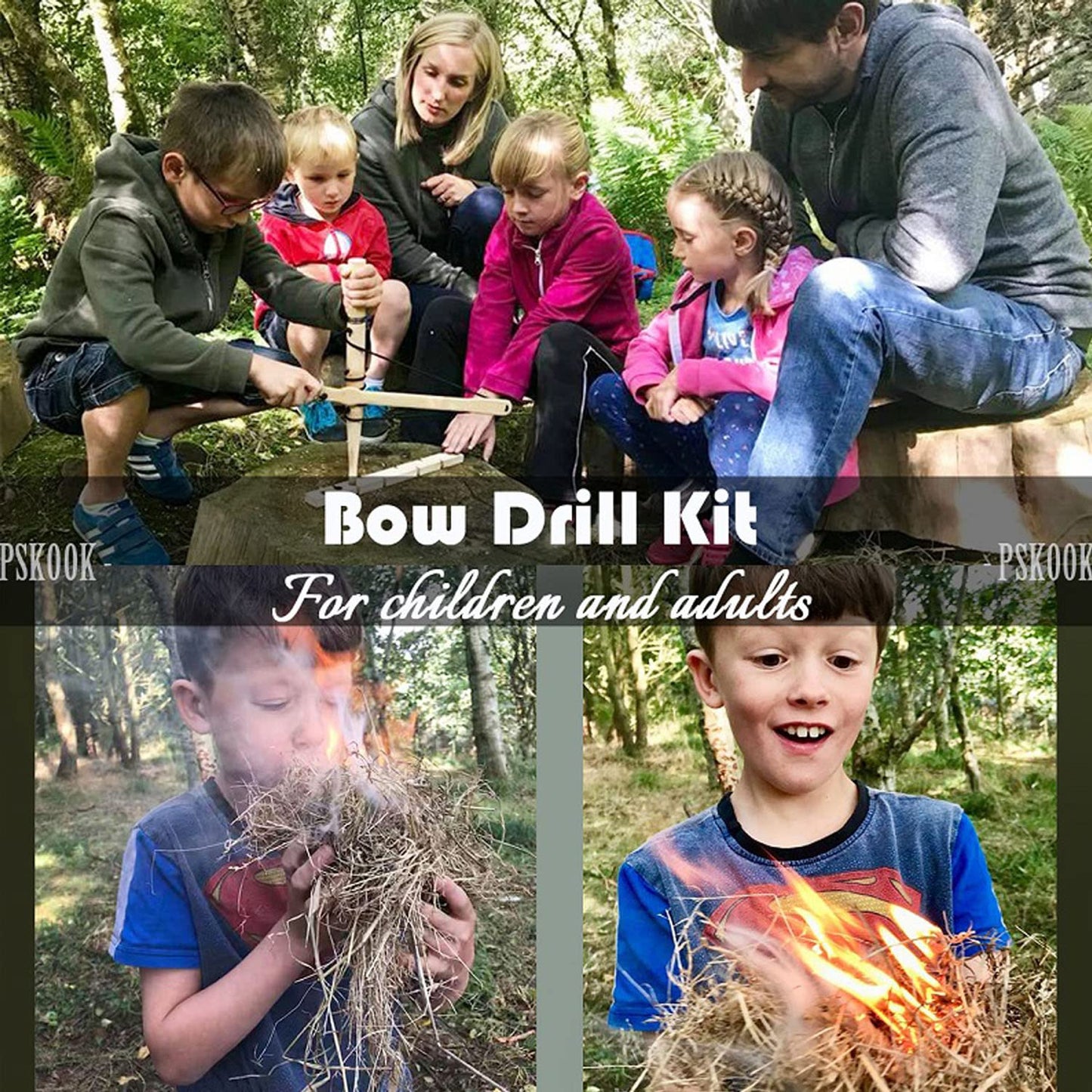 Bow Drill Fire Starter Kit, Pskook Survival Tool, Primitive Friction Fire Starting Kit, Bushcraft Gear, Camping Safety Equipment, Outdoor