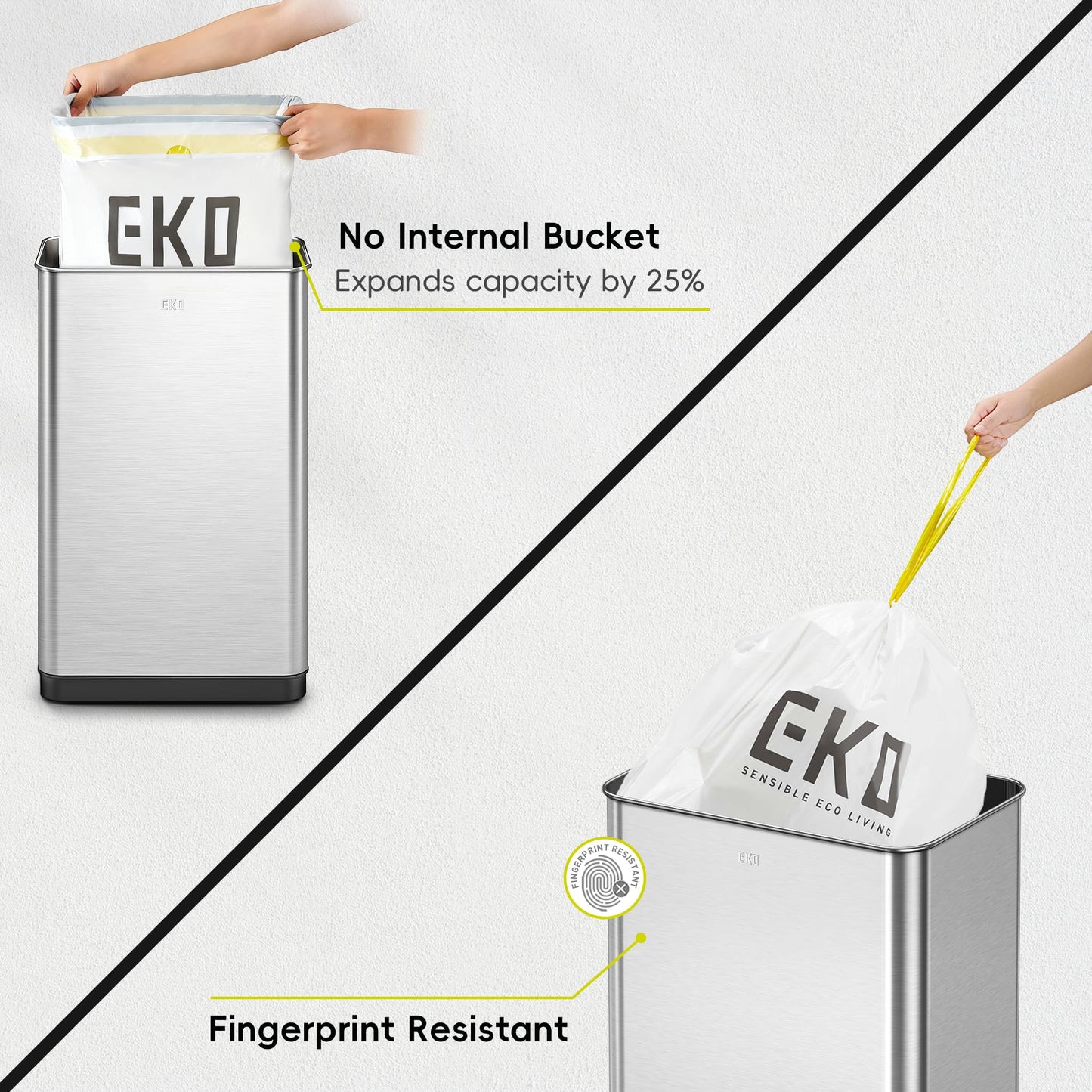 EKO Mirage-T 50 Liter / 13.2 Gallon Touchless Rectangular Motion Sensor Trash Can, Brushed Stainless Steel Finish
