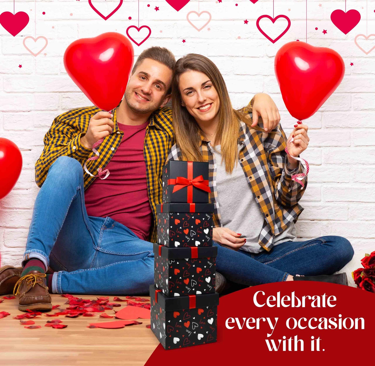 Gift Boutique 4 Pack Valentine Nesting Boxes with Bow Lids Black Red Hearts Stacking Square Box Gifts Presents Wrapping Birthday Wedding Party Decor