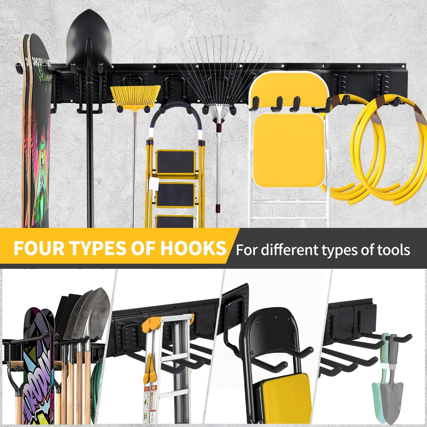 Dovalunetra 66'' Heavy-Duty Garage Tool Organizer Wall Mount – 720lbs Capacity Metal Rack with Adjustable Hooks for Rake, Broom, Shovel, Snowboard & Garden Tools