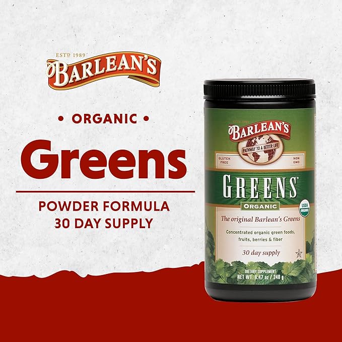 Barlean's Organic Greens Powder, Fruits and Veggies Superfood Supplement with Green Food Protein, Probiotic Blend and Fiber for Athletic Endurance and Daily Health, 8.47 oz