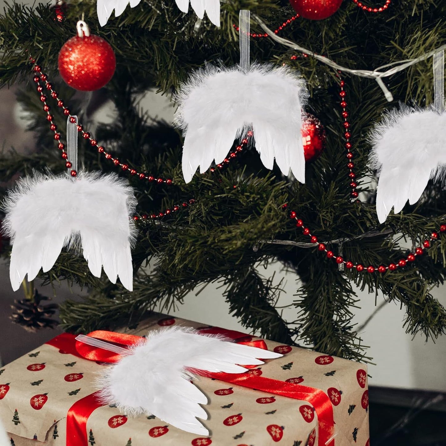 24Pcs Angel Wings Christmas Ornaments Mini Angel Feather Hanging Decor for Christmas Tree Angel Wings Pendant for Crafts Xmas Party DIY Decorations
