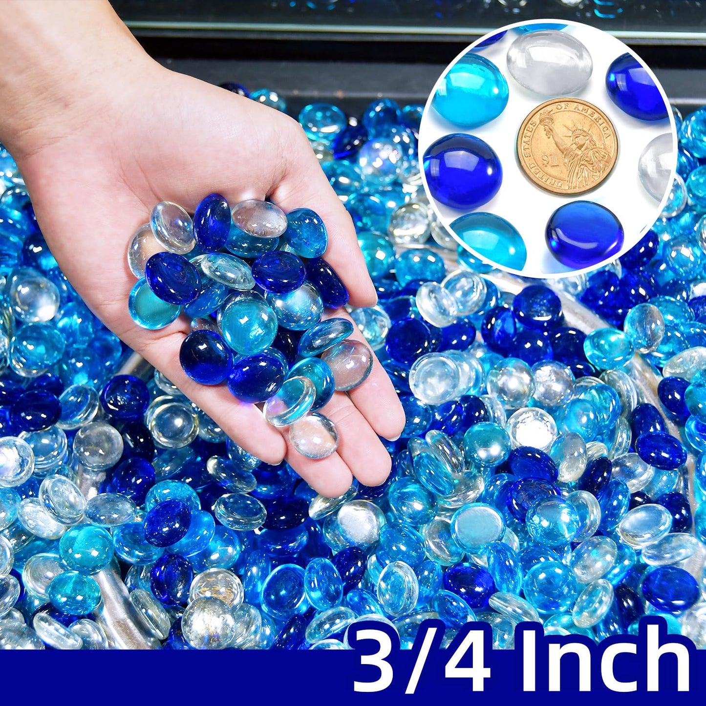RUOJAS 10 Pounds Mixed-Color Fire Glass Beads 3/4 Inch Firepit Gems for Fire Pit Table, Fireplaces, Fire Bowl, Garden Landscaping & DIY Crafts (Cobalt Blue, Oceanic Blue, Crystal Clear)