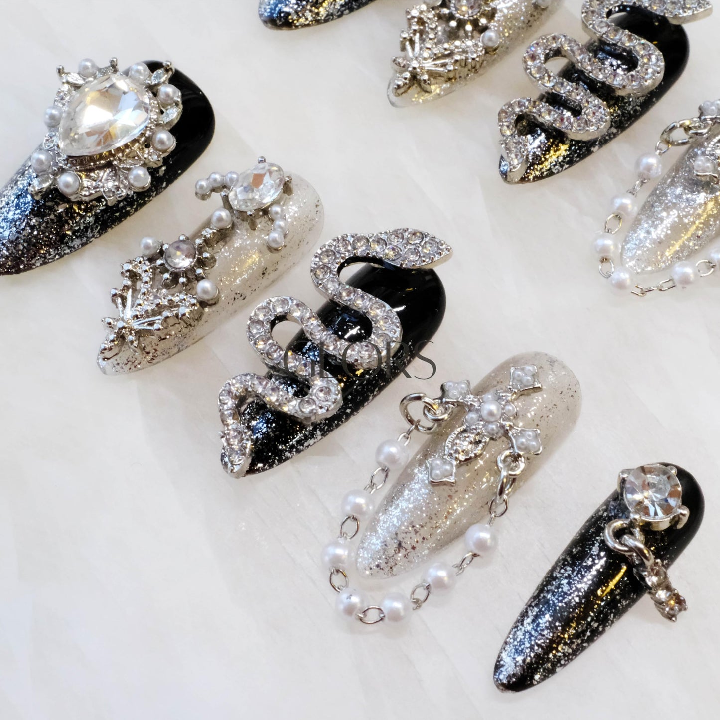 GLORS Luxury Long Almond Press-On Nails, Black and Silver Glitter with 3D Rhinestones and Pearl Accents, Handmade False Nail 10 Pieces (Small, LS)