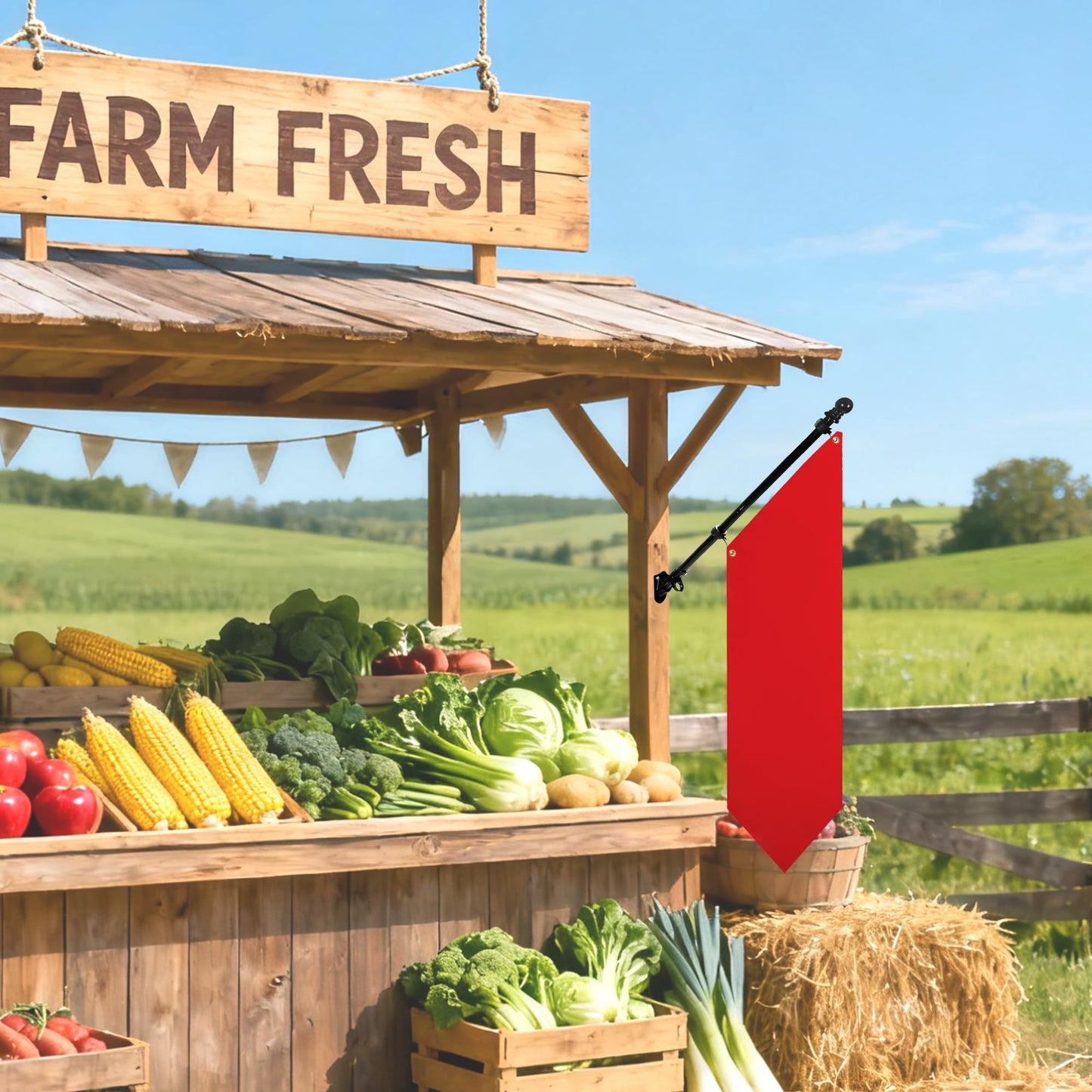 Farm Stand Blank Flag with Pole Kit, 12x42 Inch Double-Layer Heavy-Duty 300D Polyester Banner, DIY Custom Sublimation Vinyl Flag for Garden, Yard, Events, or Outdoor Commercial Display (Red)