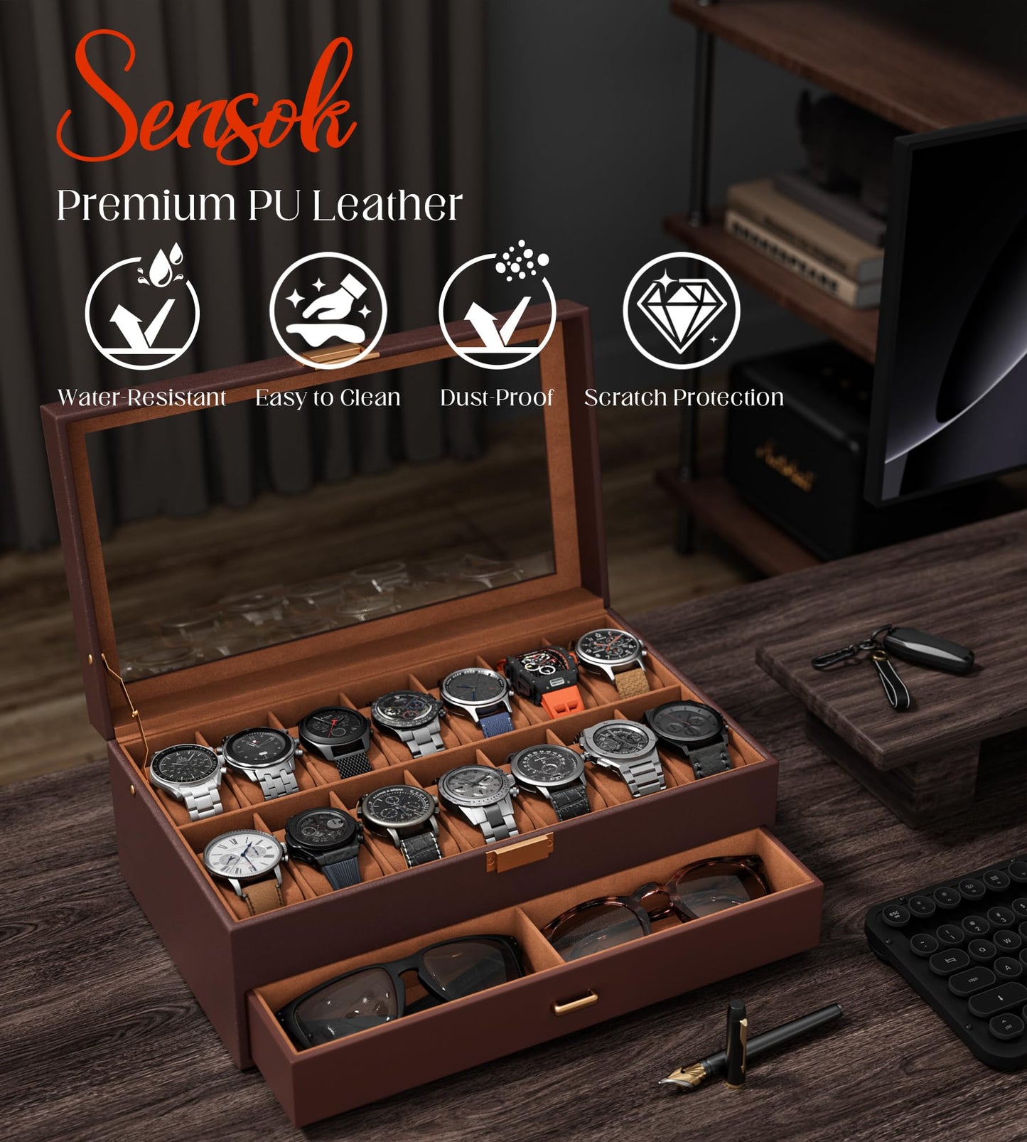 sensok Watch Case Box for Men – 14 Slots Watch Display Organizer with 6-Compartment Eyeglasses Storage, Real Glass Lid 2-Layer PU Leather Collection Holder Gift for Loved Ones Brown
