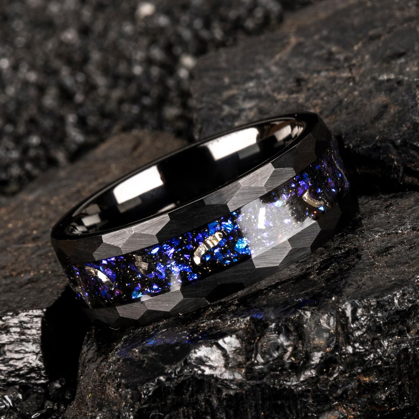 JEWPER 8mm Men Womens Wedding Band Tungsten Rings Black Blue Hammer pattern Fashion Promise Carbide Inlaid Milky Way Foil Iron Filings Matte Finish Edge Comfort Fit Size(11)